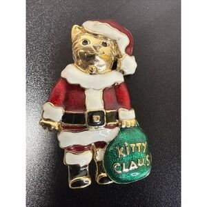 VTG Danecraft Santa Claus Kitty Christmas Brooch Pin Enamel Gold Signed